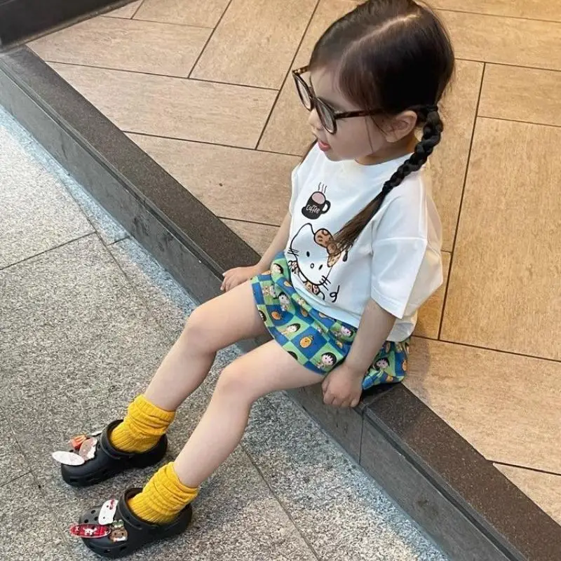 حار مرحبا كيتي الاطفال الكرتون تي شيرت سانريو فتاة القطن قصير الأكمام Kawaii موضة الترفيه لينة ملابس الصيف فضفاضة جديدة