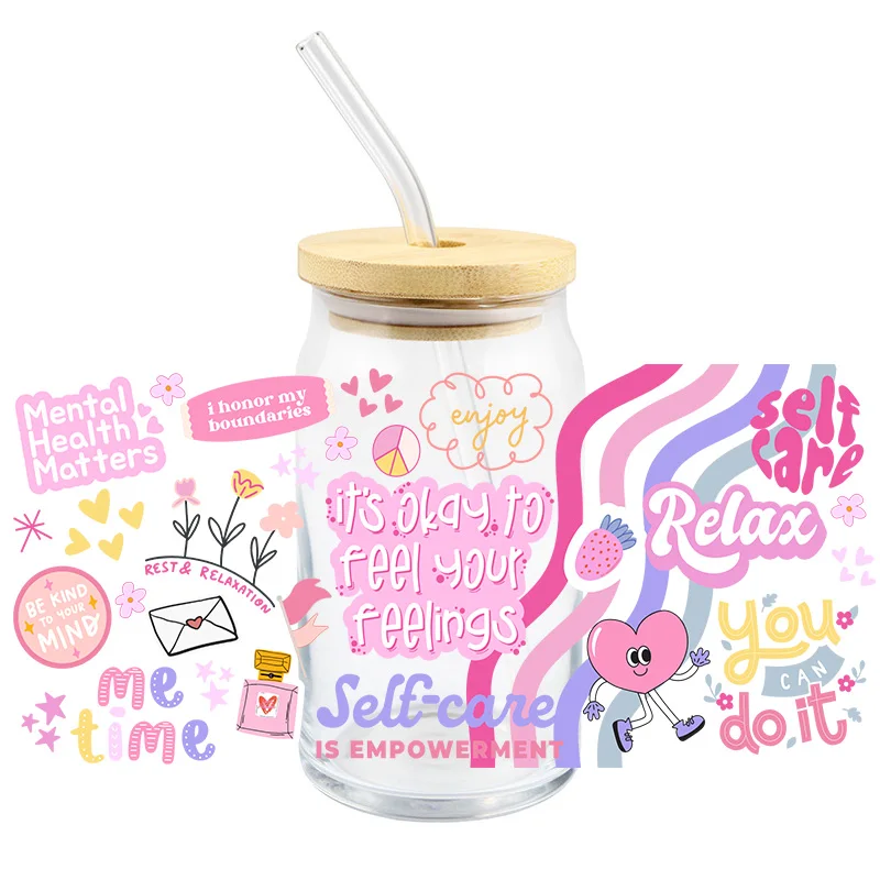 Модная розовая переводная наклейка Uv Dtf, материалы для психического здоровья, водонепроницаемые пользовательские наклейки «сделай сам», можно чувствовать себя, уход