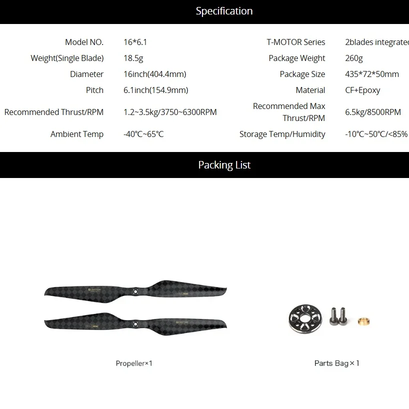 T-MOTOR NS16*6.1 CF Epoxy 16 Inch Multi-rotor Drone Accessories Carbon Fiber Uav Propeller
