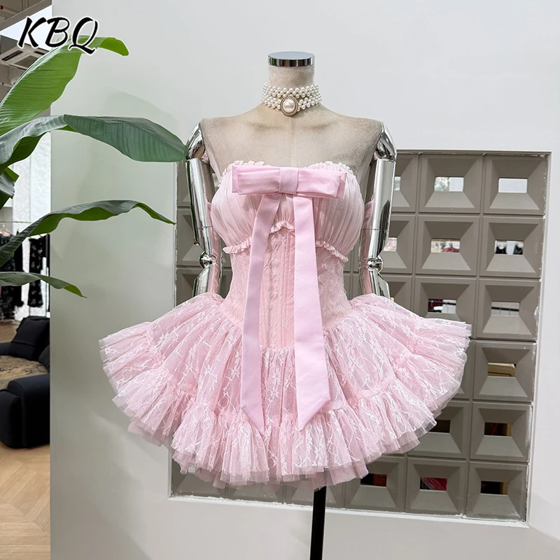 

KBQ Hotsweet Spliced Fish Bone Backless Dress for Women Strapless Sleeveless Patchwork Bowknot Mesh Mini Dresses Female Style