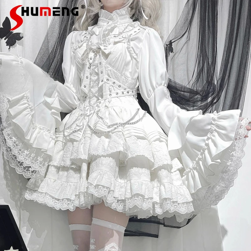 

Original Gothic White Lolita Cos Short Sleeve Shirt Spring Autumn Girl's Sweet Cool Lace Top French Elegant Court Style Blouse