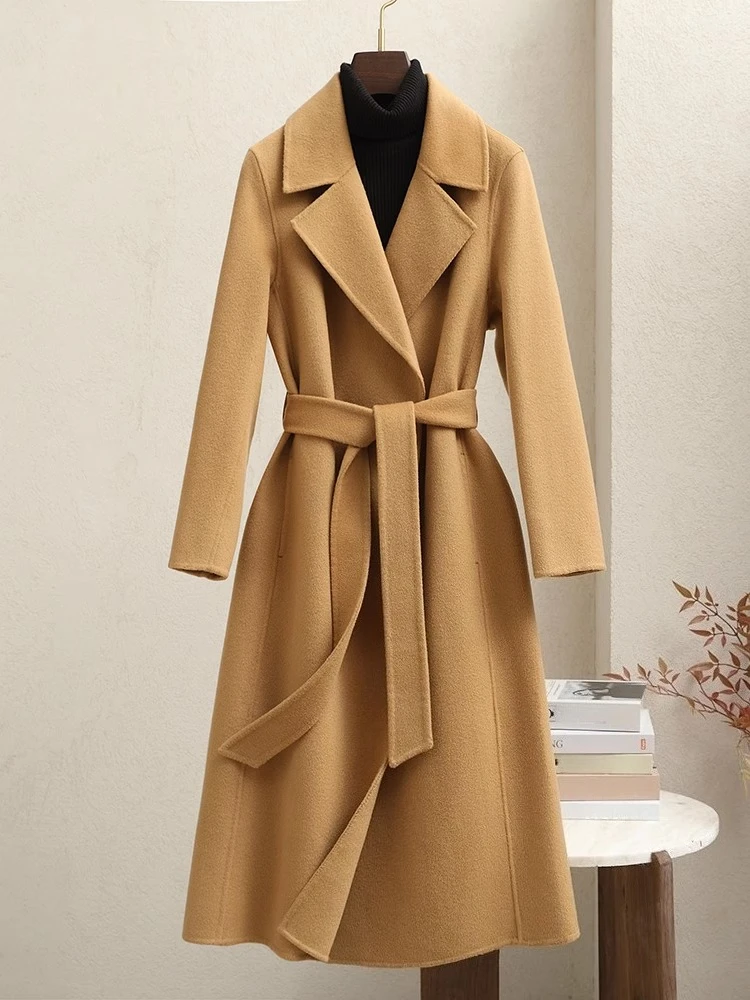 

Новое женское шерстяное пальто на осень и зиму, модное облегающее двустороннее кашемировое пальто верблюжьего цвета