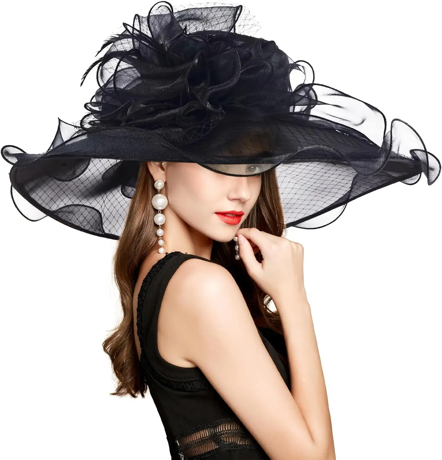 

2025 Kentucky Derby Hat for Women, Organza Veil Feather Fascinator, UV Protection Sun Hat for Tea Party Church