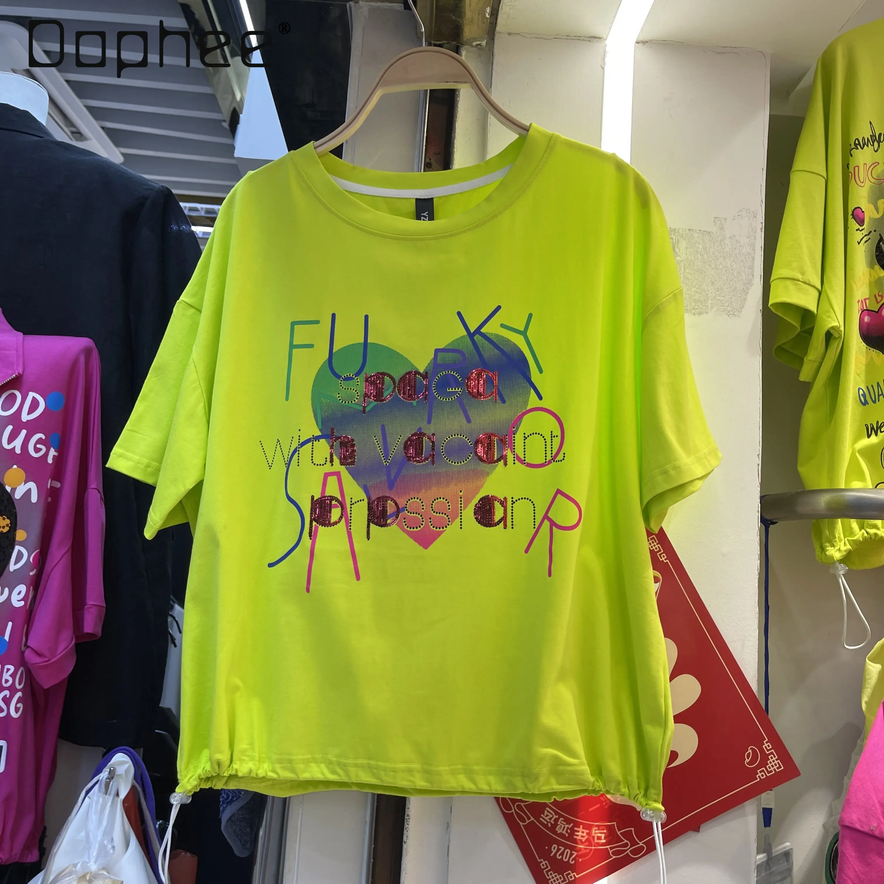 

Fluorescent T-Shirt Love Heart Graphic Print Short Sleeve Y2K Streetwear Casual Top for Women Summer New Loose and Thin Top