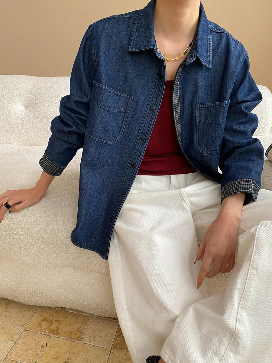 

Spring and Autumn Women's Casual Solid Color Collar Long Sleeve Loose Cowboy Shirt