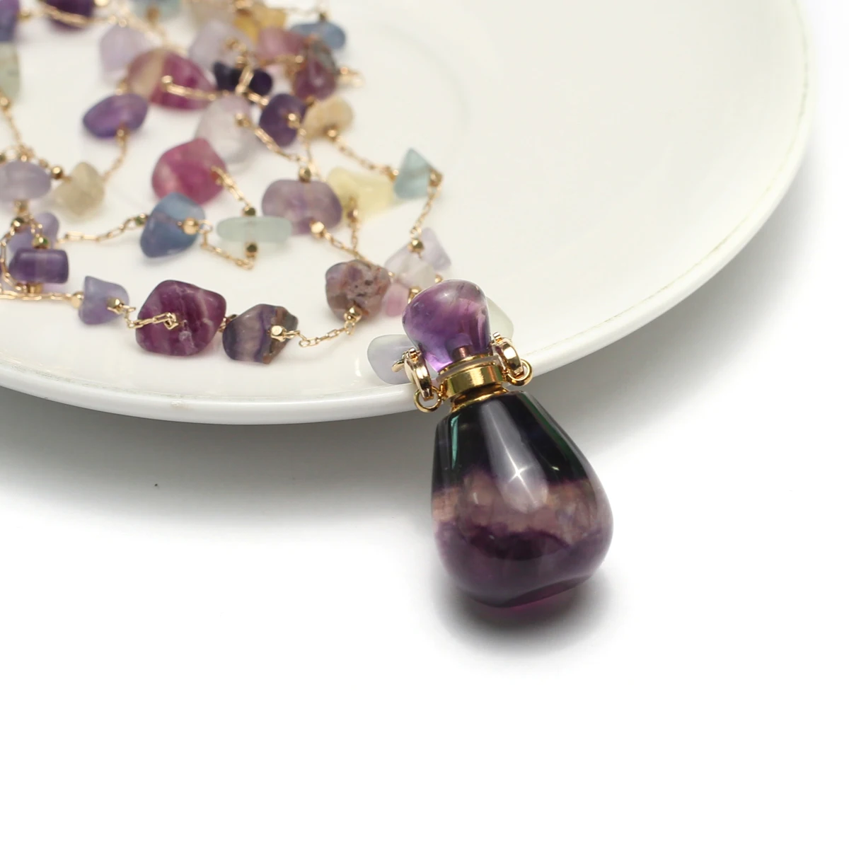 New Natural Stone Perfume Bottle Pendant Necklace Amethysts Pendant Necklace Essential Oil Diffuser Pearl Chain Length 80cm
