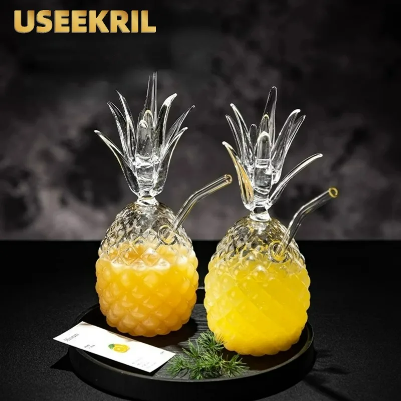 Kreativer Ananas-Cocktail-Gläserbecher, hochwertiges geprägtes Glas, lustiger Saftgetränkebecher mit Strohhalm, personalisierte Weinglasbecher