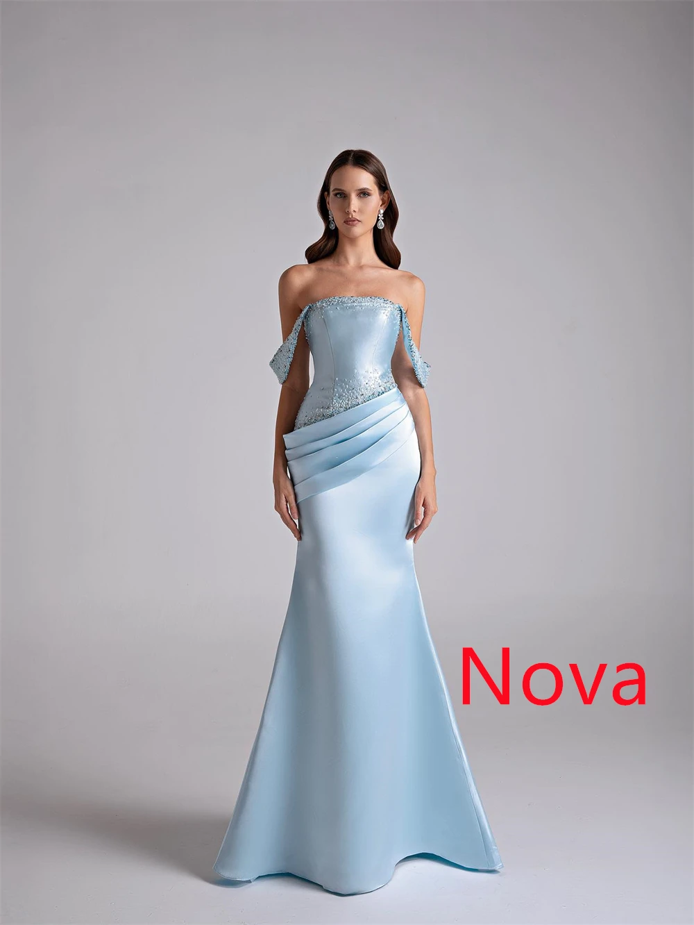 Vestidos de celebridades de satén azul elegantes de sirena personalizados, encantador vestido de noche con hombros descubiertos, vestidos sexis para ocasiones especiales