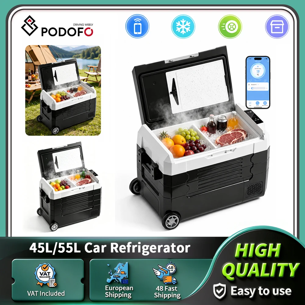 Image of Podofo 35L 45L 55L Auto-Kühlschrank Mini-Gefrierschrank Tragbarer Kompressor-Kühler 12/24V Eisbox für Camping, Garagen, Zuhause, Küche DC 110-240V