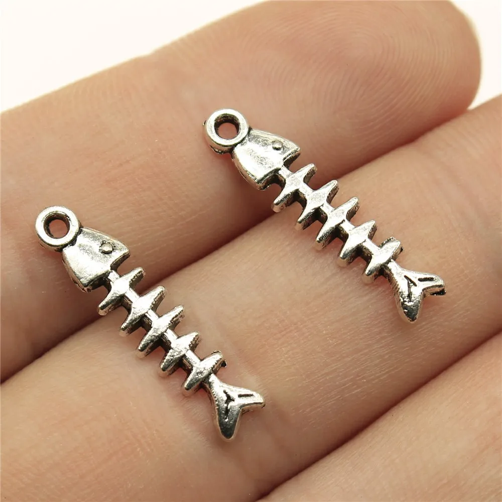 30pcs/lot Charms Fish Bone 23*5mm Bronze Silver Color Pendants Making DIY Handmade Tibetan Finding Jewelry