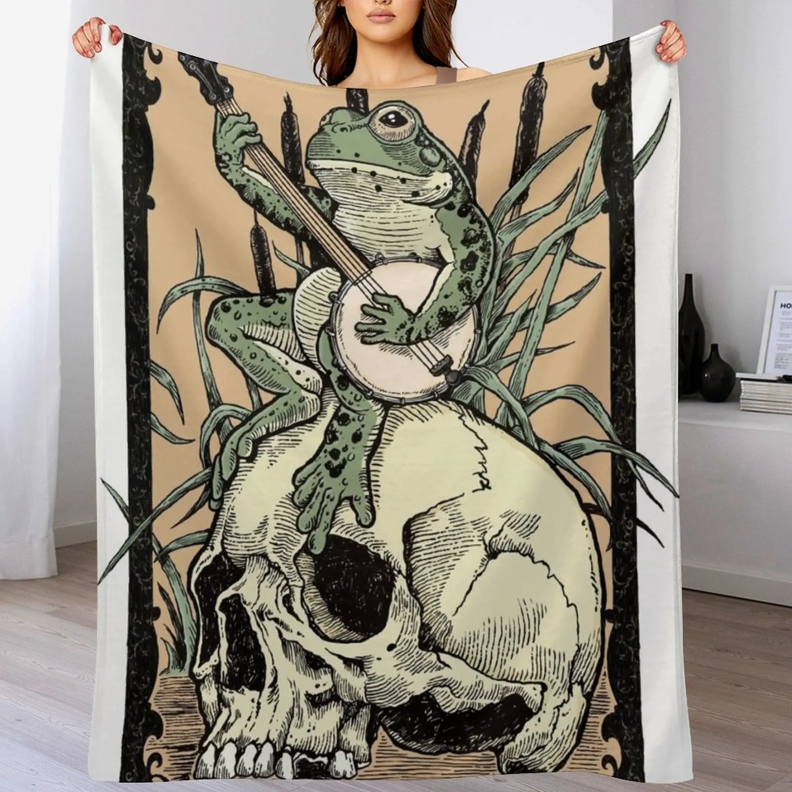 Victorian Frog Playing Banjo Throw Blanket Warm Comfortable Blanket Gift for Parents Friends