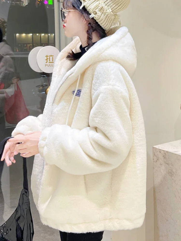 Autumn Winter Simplicity Solid Color Female Coat New Fashion Wool Coats and Mixtures White Hooded Loose Jackets for Women