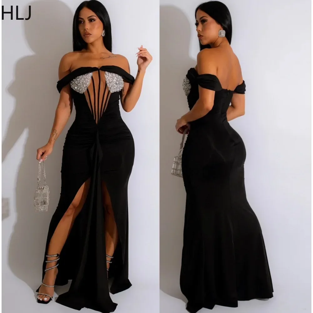 

HLJ Sexy Hollow Sequins Off Shoulder Slit Dresses Women Backless Sleeveless Defined Waist Bodycon Party Dress Fashion Vestidos