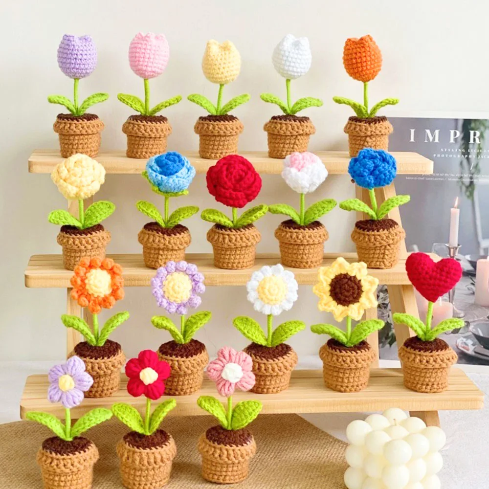 Cute Finished Crochet Flowers Artificial Sunflowers Potted Hand-woven Plant Family Party Decoration Room Office Table Warm Decor