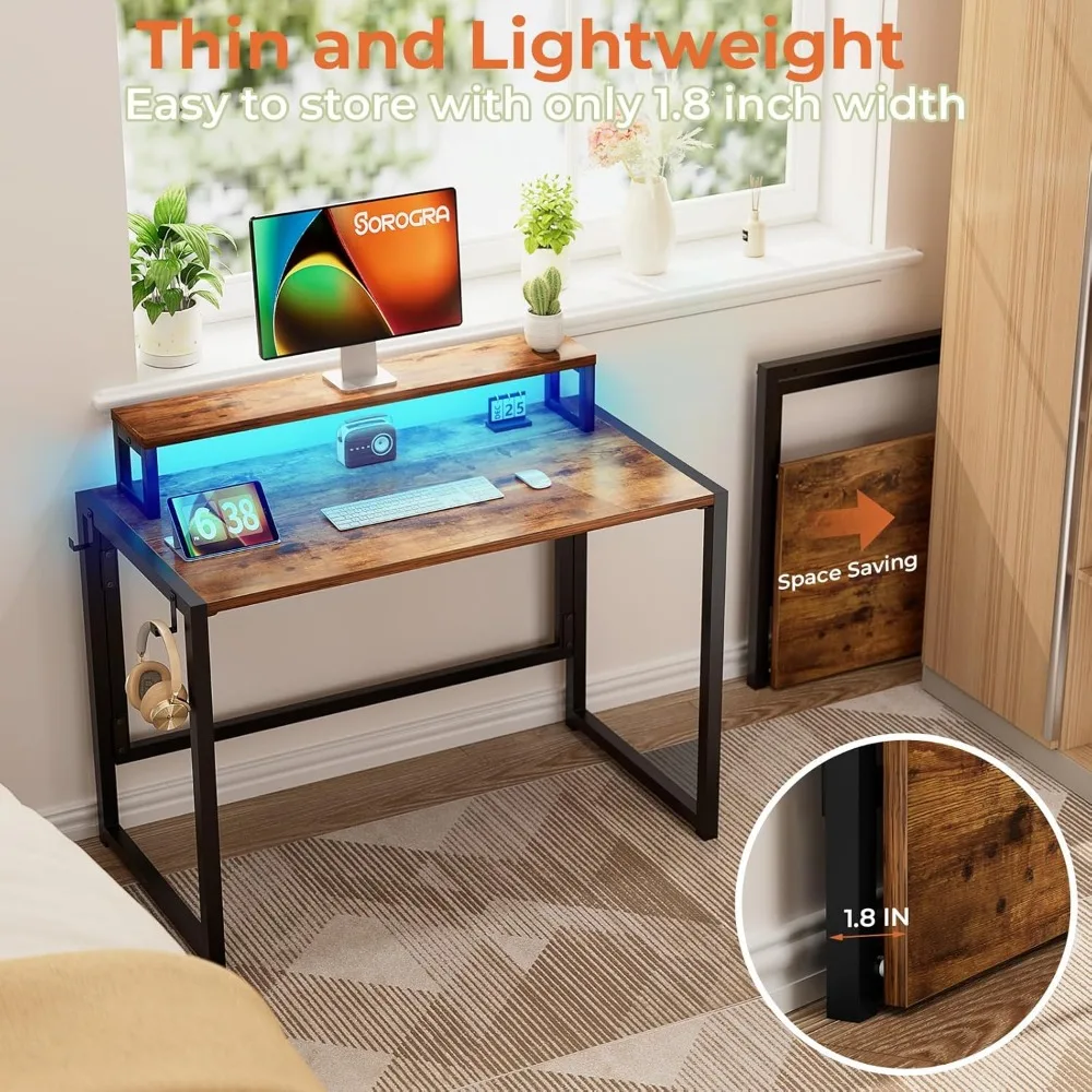 Small Folding Desk 39.4 Inch, Foldable Computer Desks with LED Lights and Monitor Stand, Work Portable Table for Bedroom Home