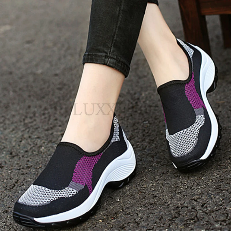 Women Walking Shoes Summer Solid Color Mesh Breathable Wedges Sneakers Outdoor Plus  Size  Slip  on  Loafers Zapatos Para  Mujer