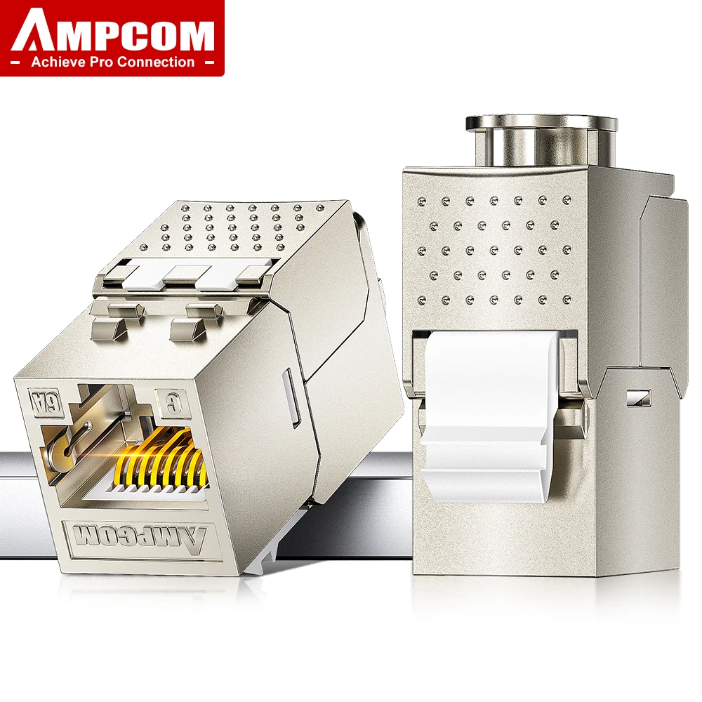 AMPCOM Pro+ RJ45 STP Zinc Alloy Keystone Jack Punch Down Free Cat7/6A/6, 50U Extra-Thick Gold Plated Network Module Connector