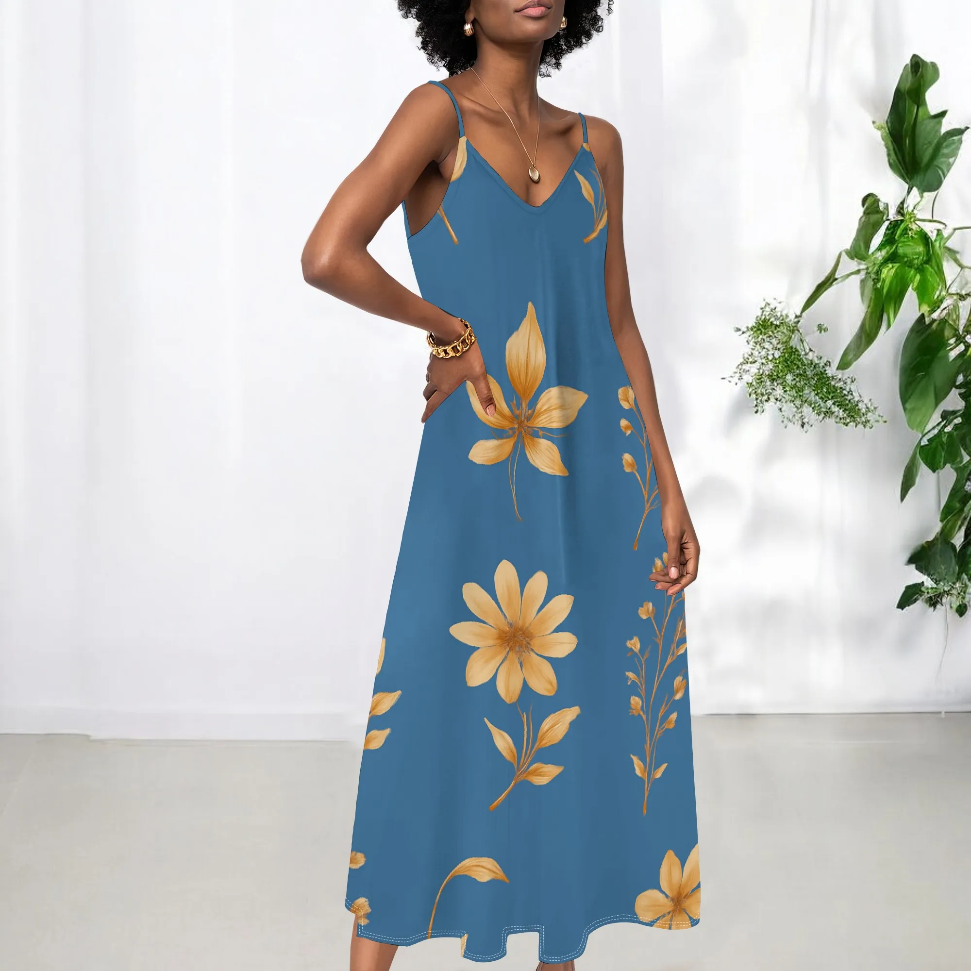

Women's Floral Maxi Dress Summer V-Neck Sleeveless Beach Vacation Sundress S-3XL Elegant Blue Flower Print