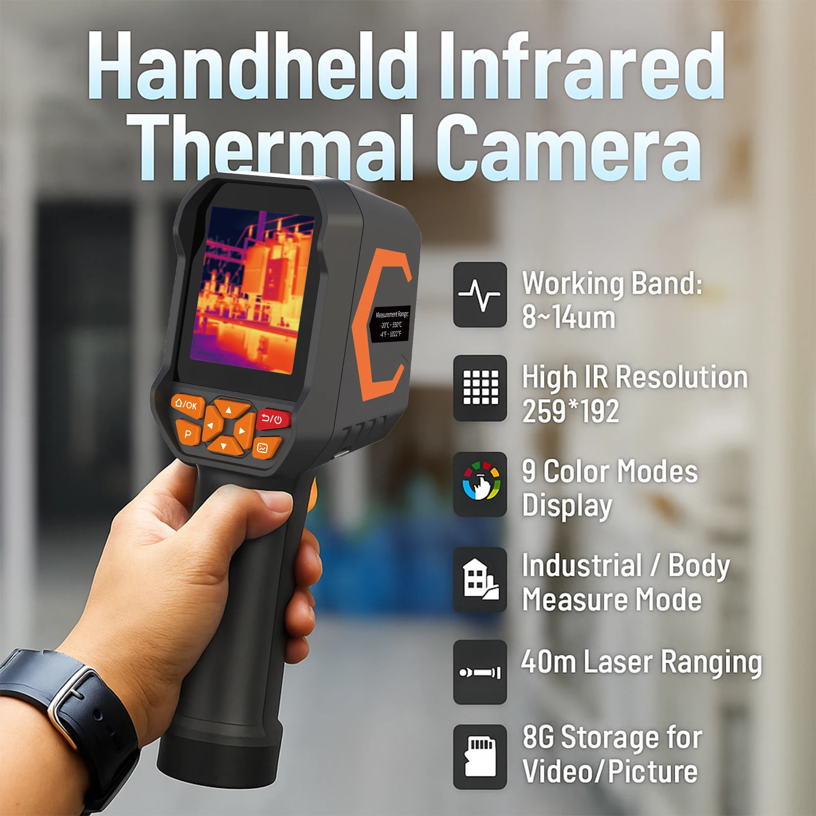 Thermal Camera 256x192 Handheld Infrared Thermal Imager -20~550℃ 25Hz Laser Ranging 9 Palettes for Electrical Industrial Tools