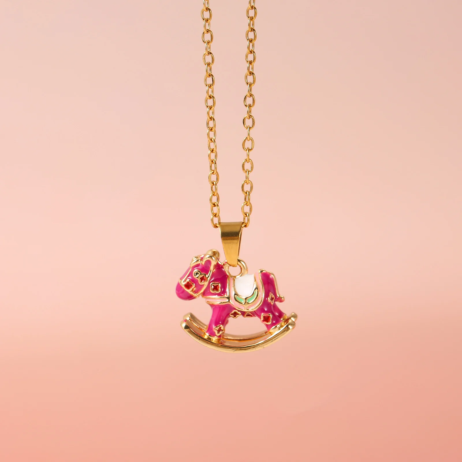 18K Gold Plated Enamel Rocking Horse Pendant Cable Chain Cute Sweet Women Girls Necklaces