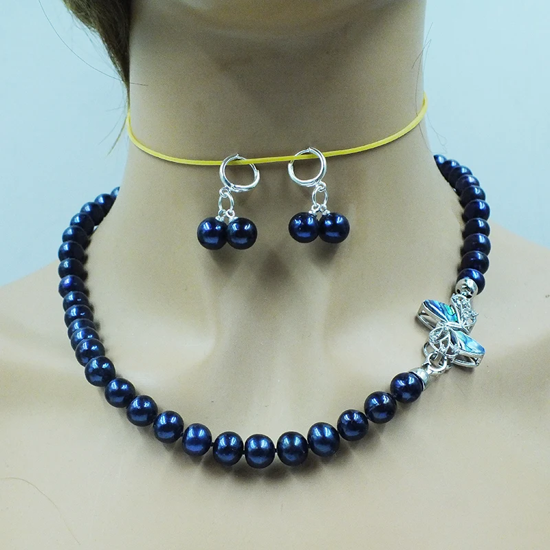 8MM AAA+AA Natural Black Freshwater Pearl Necklace Earring Set. Charming Women's Wedding Classic Jewelry 18