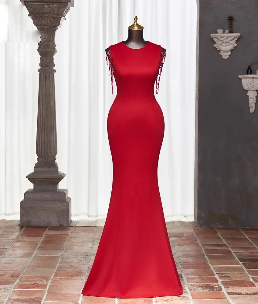Customized Graceful Satin Mermaid Beading Evening Dress Temperament Sleeveless O-neck Floor Length فساتين سهرات