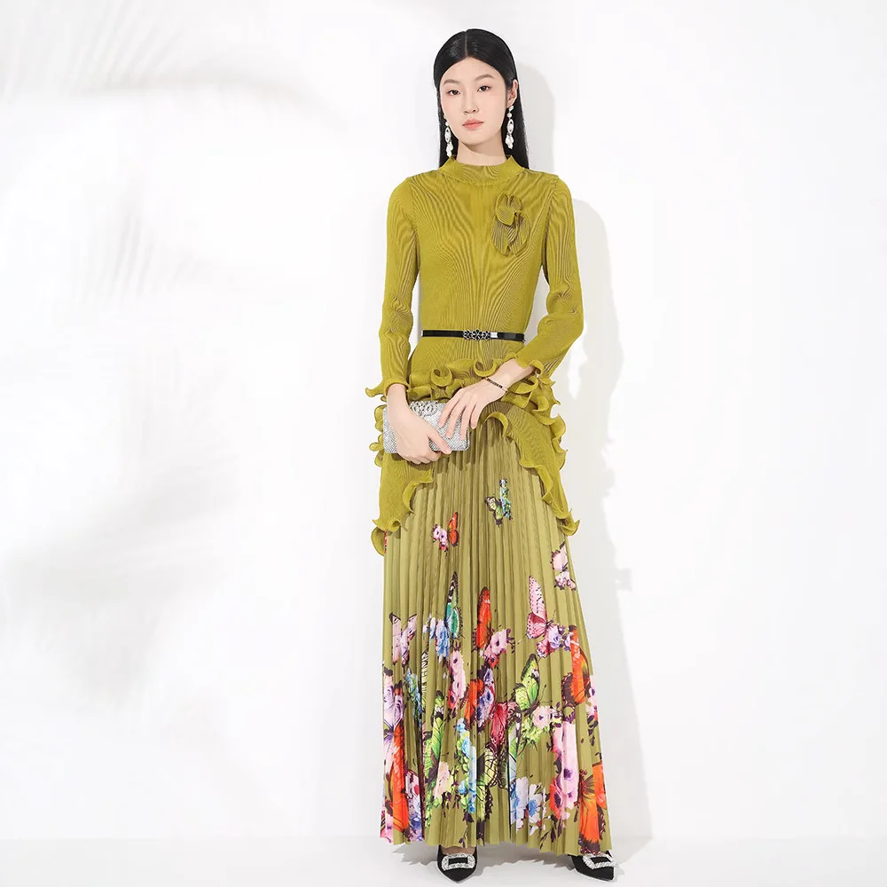 Set Atasan Pullover Tidak Beraturan Leher Bulat Kualitas Tinggi Keriput Rok Setengah Panjang Lantai Gambar Cetak Kupu-kupu Wanita Set Dua Potong Musim Panas