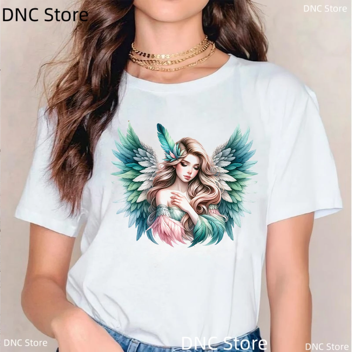 

New Arrival 2024 Womens T-shirt Bohemian Angel Wings Graphic Print T shirt Femme Fashion Trend Women Y2K Tops 00s Girls Tshirt