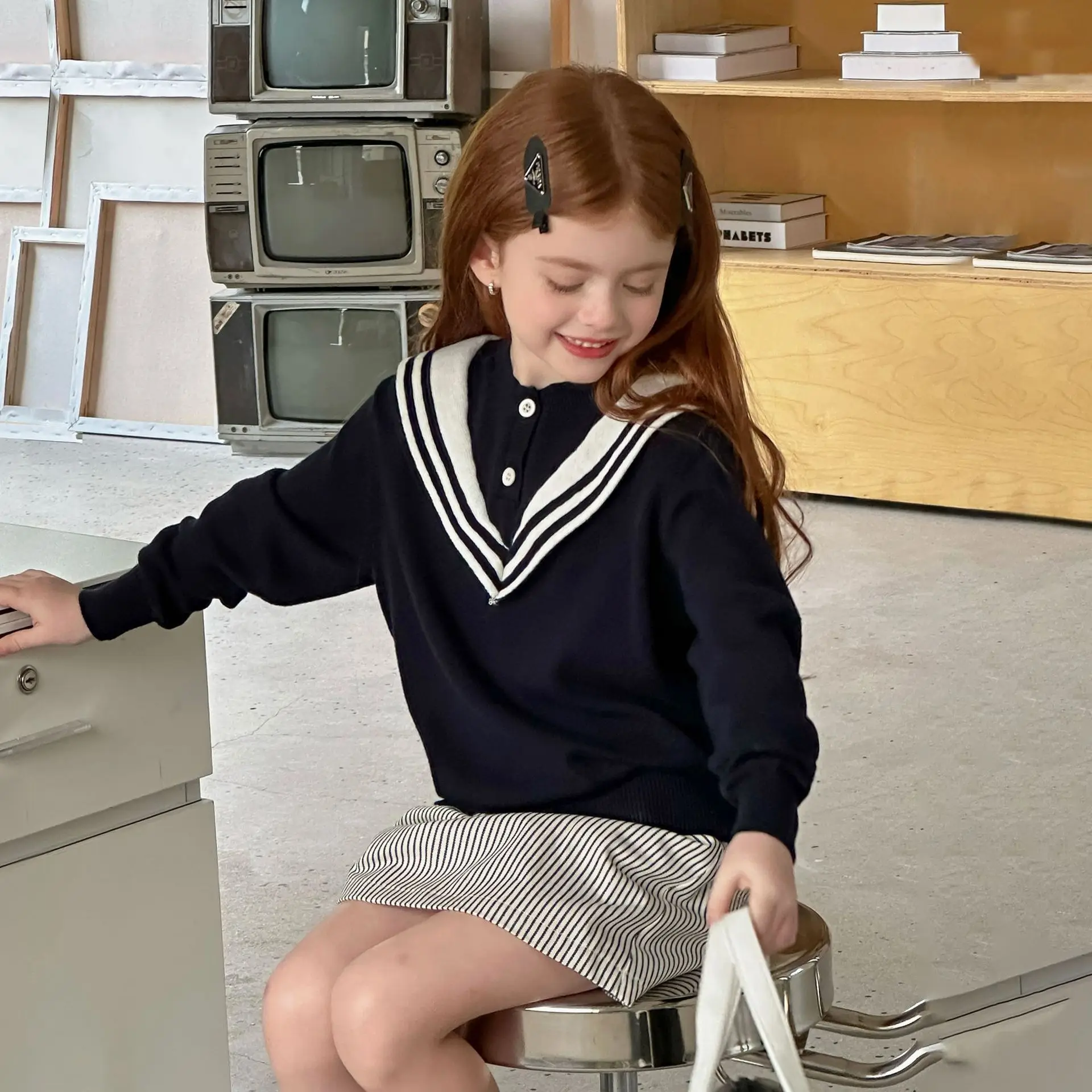 

Girls Navy Style Sweater 2025 Spring Autumn New Knitted Sweater for Girls Preepy Style Versatile Top Outerwear