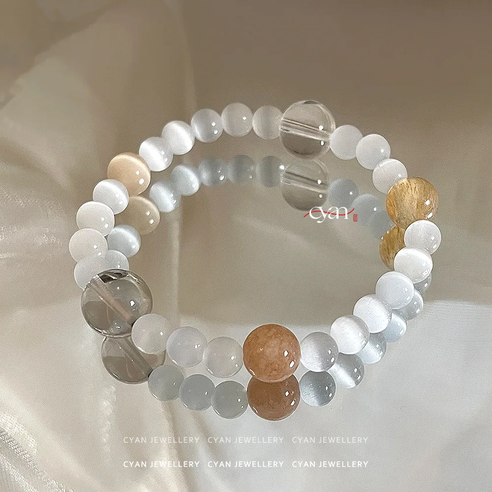 Grain of Eang  Twenty-four Solar Terms Bracelet Original New Chinese-style White and Clear Cat's Eye Stone Bracelet Accessories