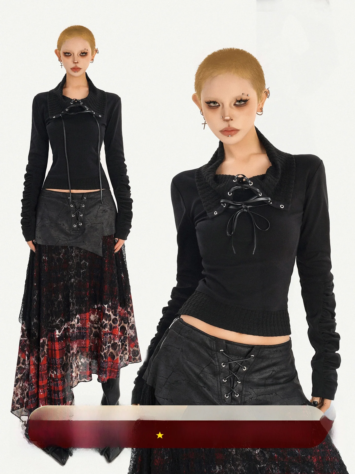 Gothic Sle Long Sve T-irt Women's Lace Patchwork Knitted Top with Belt Gothic Wind Light Punk Sle ort Length
