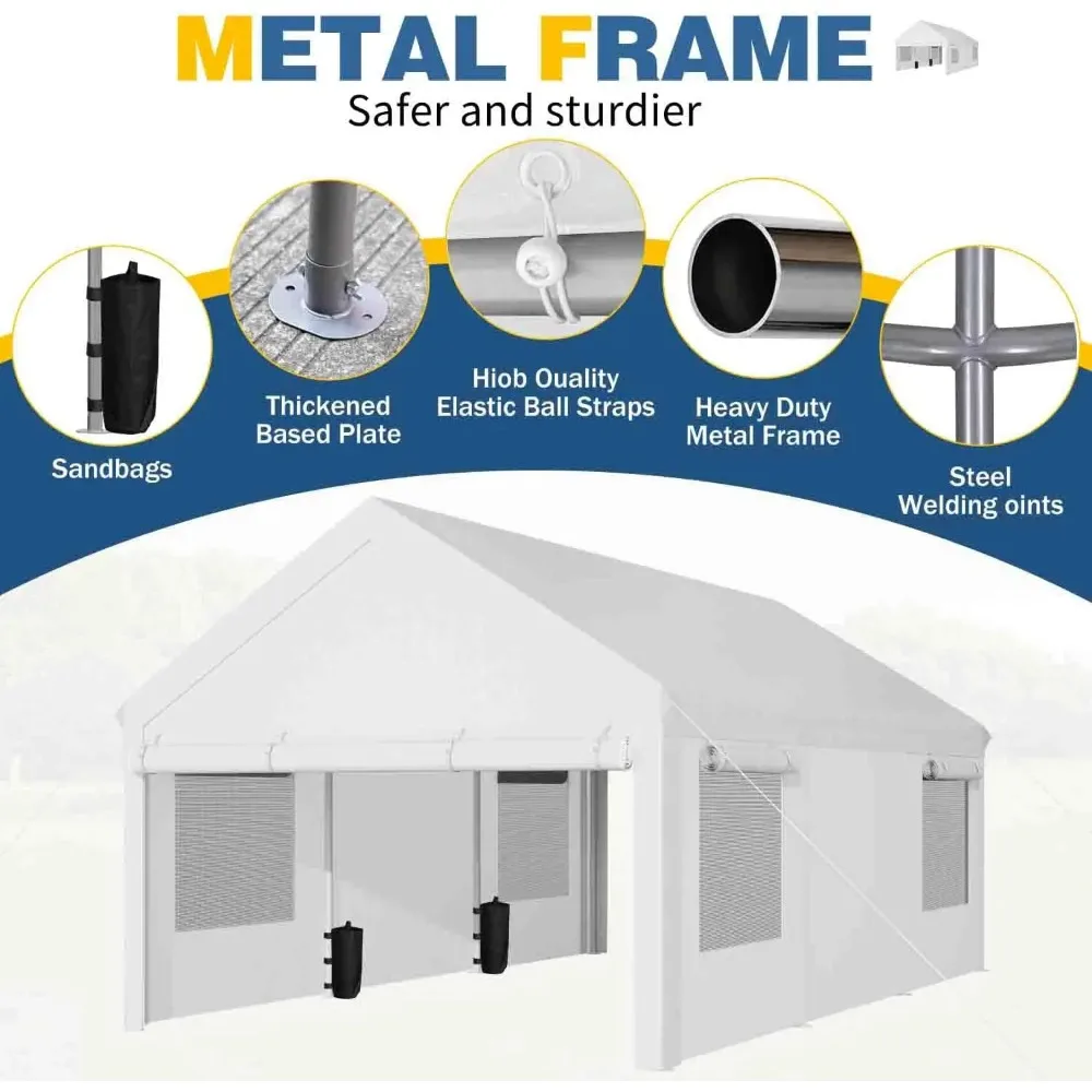 12x20 ft Heavy Duty Portable Carport Garage, White Roll-Up Windows, Removable Sidewalls, Removable Doors
