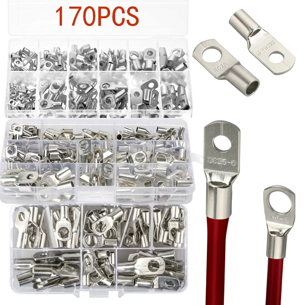 60/100/170pcs SC Bare Bolt Hole Tinned Copper Cable Lugs Battery Terminal Wire Terminals Connector Suit SC10-6 SC16-8 SC25-8