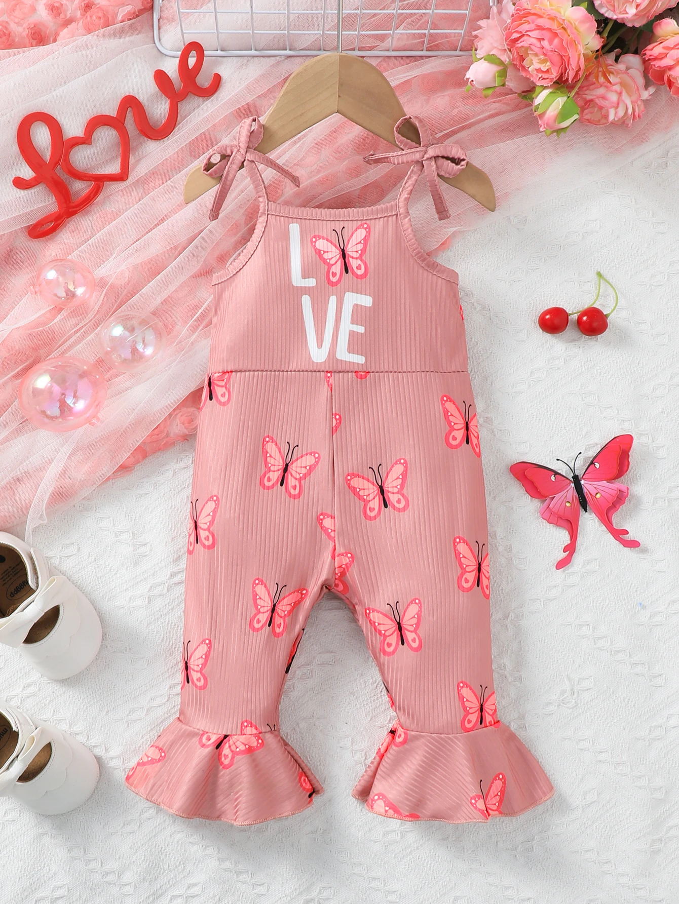 Baby Girl Knitted Butterfly Print Romper with Bell Pants Summer Casual Wear Suitable for Infants