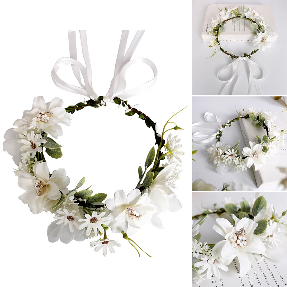 

Flower Garland Hair Wreath Headband for Women Girl Pearl Rattan Headpiece Festival Wedding Party Hair Bands Photography Headwear