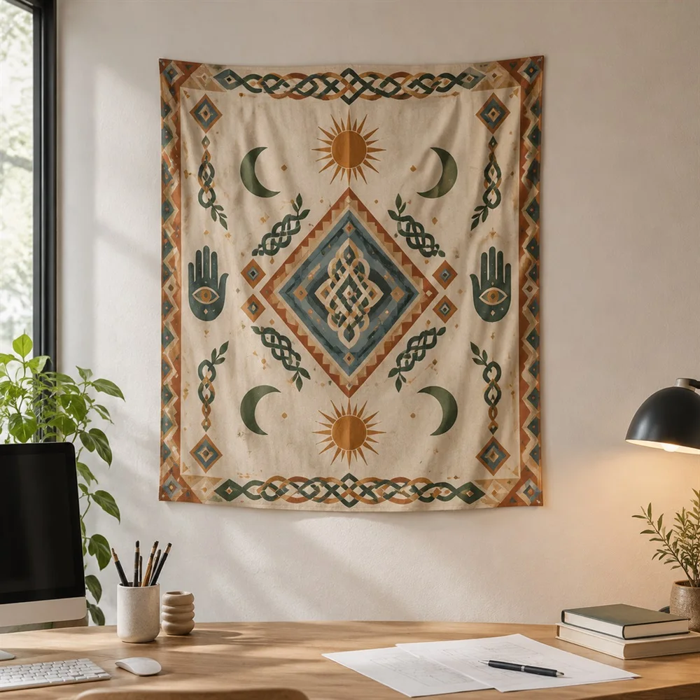 VIKAMA Macrame Knot Pattern Center Panel Tapestry Wall Hanging, Bohemian Wall Art Tapestries for Bedroom Living Room Study Dorm