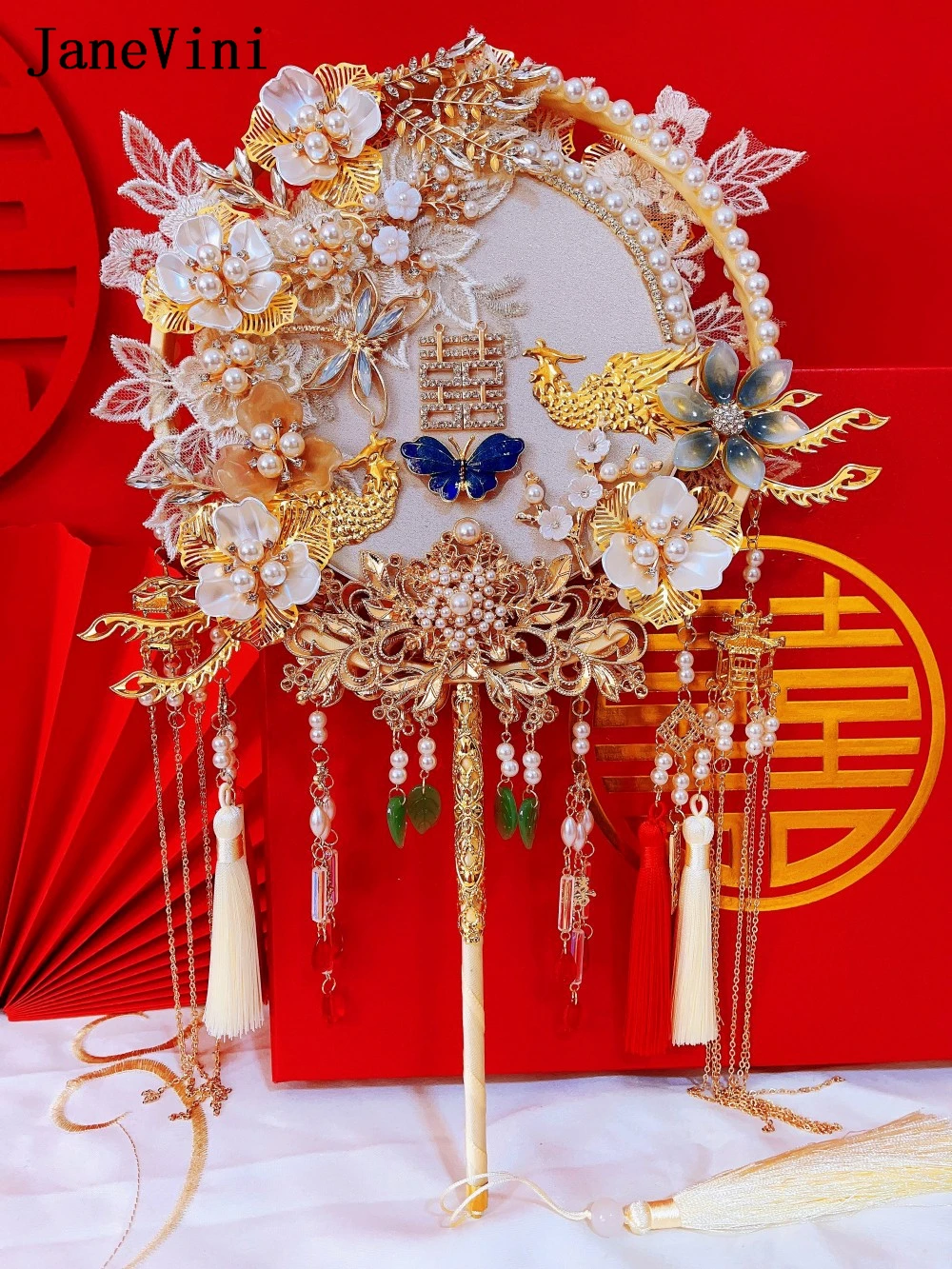 Janevini Luxus chinesische rote Braut sträuße Fan handgemachte Blumen Kristall perlen doppelseitigen Fan langen Griff Hochzeit Accessoires