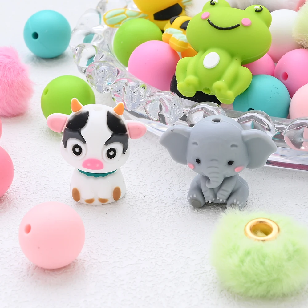 18pcs Pacifier Chain Silicone Animal Beads Baby Teether Beads Accessories for DIY Bracelet Chewable teething Toy BPA Free