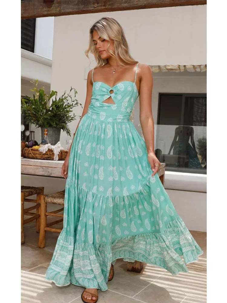 Vestido de verão com alça espaguete, vestido feminino estampado boho praia maxi vestido 2024 paisley estampado linha a