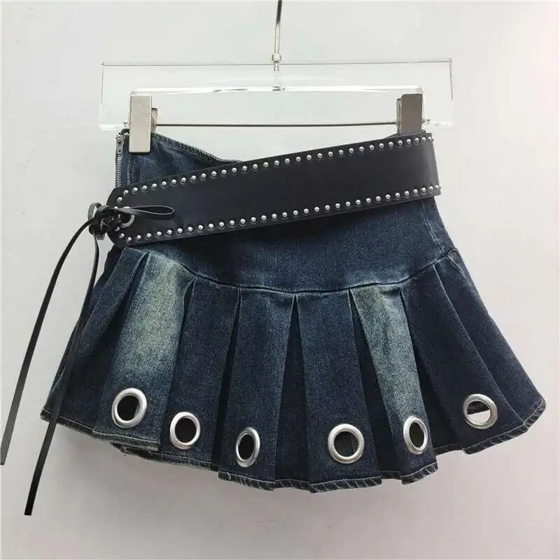 

Bleached Hollow Out With Lined Belt Design Pleated Mini Skirts Streetwear Hotsweet Style Short Skirt Summer