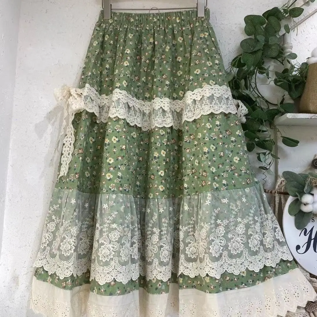 Japanese Sweet Lace Ruffled Mori Girl Pleated Skirt Vintage Cotton Linen Floral Long Skirts Female Elastic Waist Beach Faldas