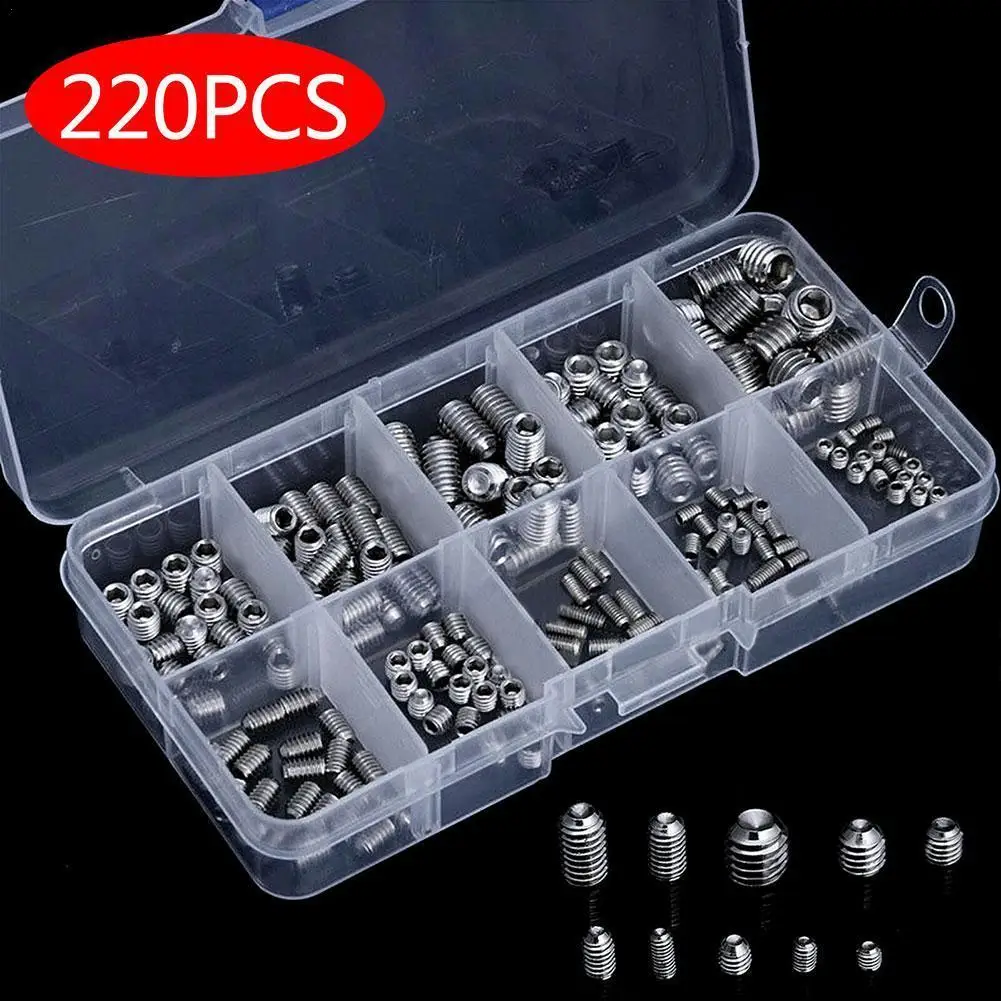 220PCS Stainless Steel Hexagonal Concave End Tightening Screw Headless Stop Payment Top Screw Machine Rice Screw