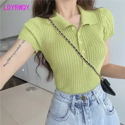 2022 Summer New High Waist Short Fit Polo Neck Knit Top Thin White Short Sleeve T-shirt