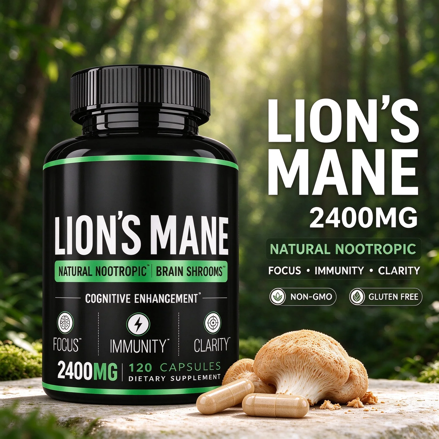 Lion's Mane Mushroom Capsules Natural Nootropic Brain Focus Clarity Cognitive Immune Support Non GMO Gluten Free 120 Capsules
