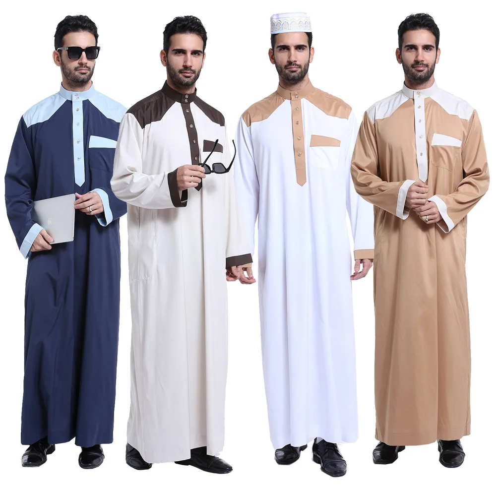 Men Muslim Thobe Long Sleeve Patchwork Kaftan Arabic Robe Ramadan Dubai Jubba wedding party dress for male