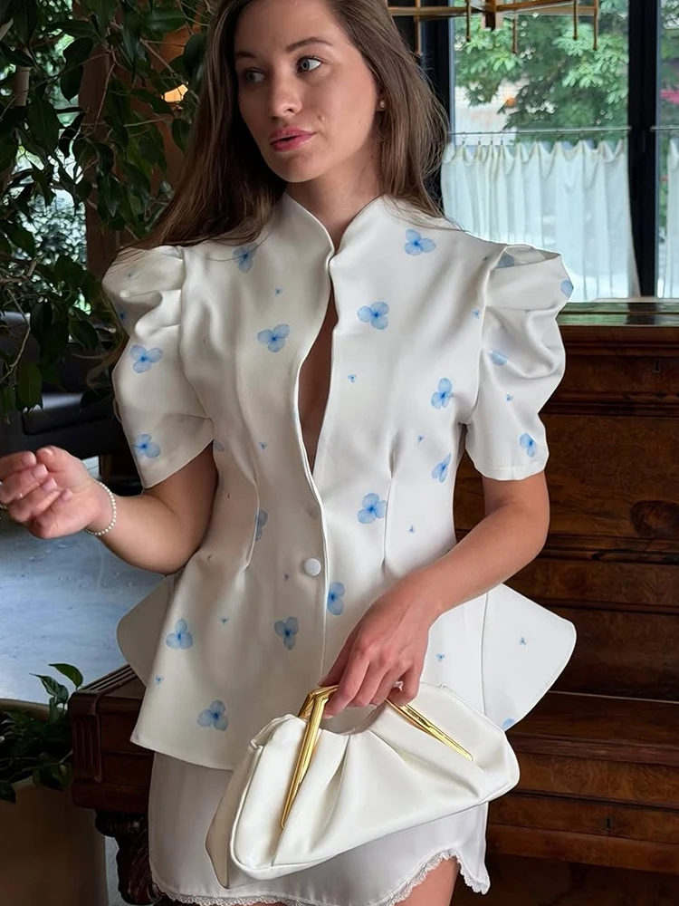 Elegant Satin Floral Print Women's Blouse Puff Short Sleeve V Neck Button Front Slim Waist Ruffle Hem Shirt Lady Commute Tops