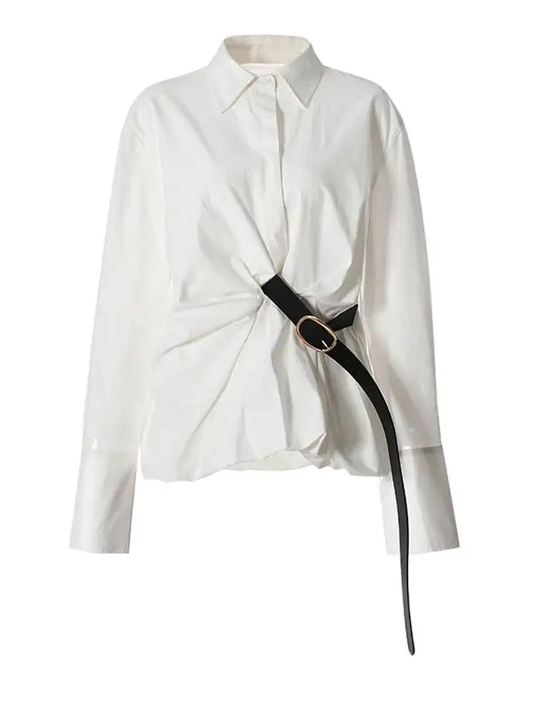 

Belted Color Women Pink Irregular Big Size Bud Blouse New Lapel Long Sleeve Shirt Fashion Spring Autumn 2026 7AB21