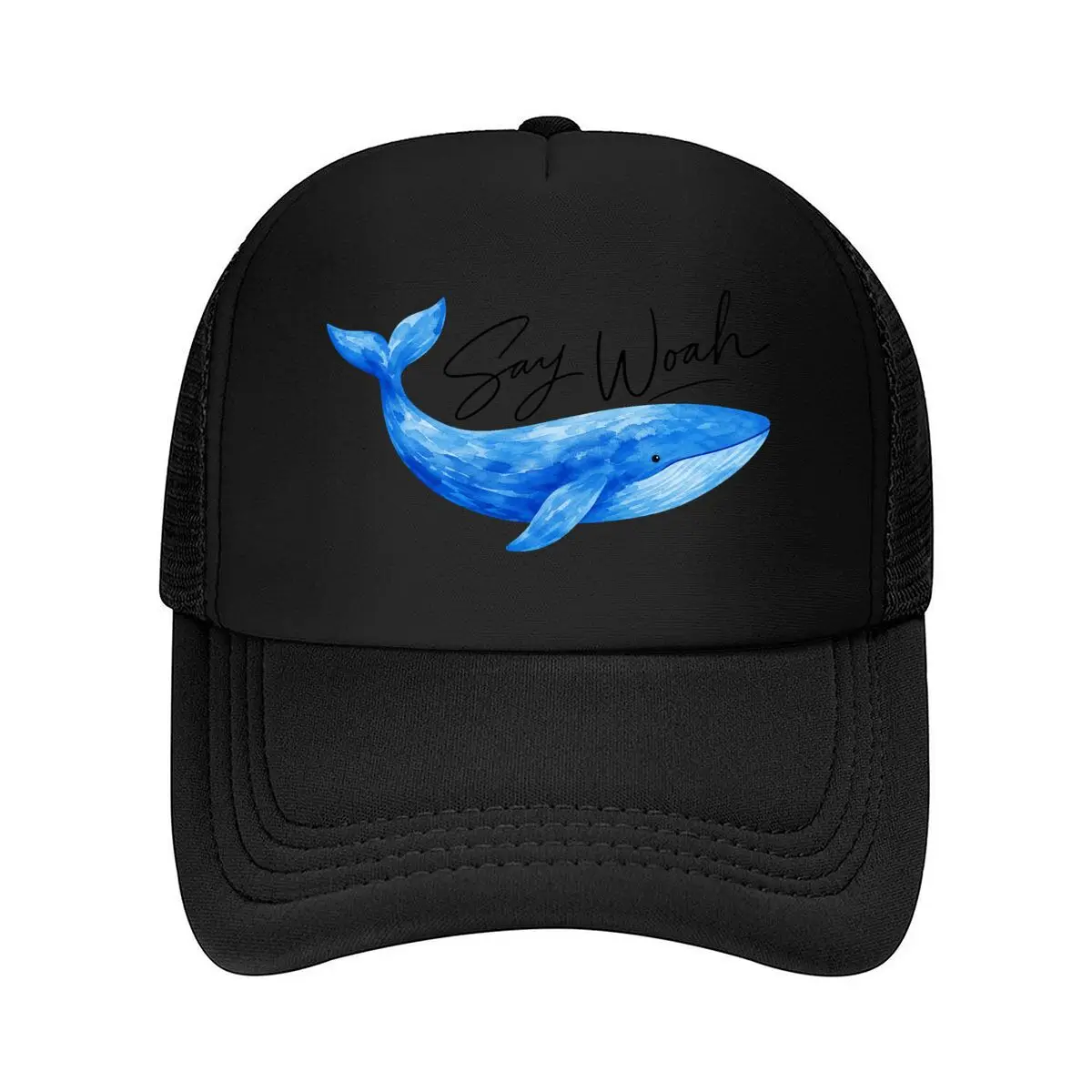 Czapka z daszkiem z siatki z motywem błękitnego wieloryba i napisem Woah w stylu kursywy, damska, unisex, na plażę, typu dad hat, hip hop