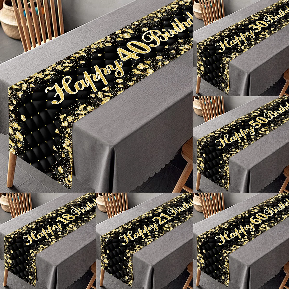 35x180cm Black Gold Table Runner 18 21 30 40 50 60 Years Birthday Party Decoration Adult Gold Glitter Birthday Tablerunners