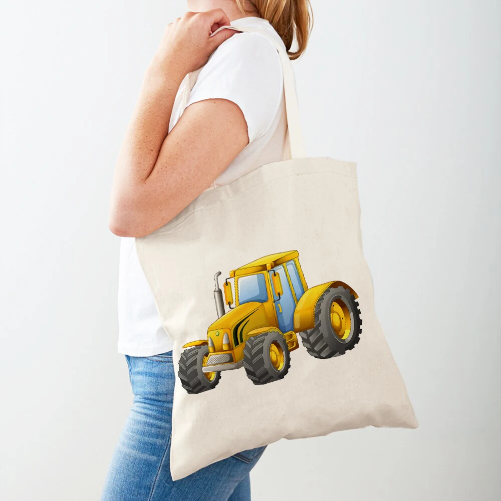 Casual Canvas Shopping Bag for Student Child Shopper Bags Excavator Bulldozer Tote Handbag Reusable Both Sided Print Cartoon Car